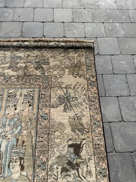 Tapis oriental de type Kerman (Kirman) &agrave; d&eacute;cor de sc&egrave;ne de cour avec Nader Shah Afshar et ses confidents, laine sur coton, vers 1900