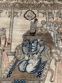 Tapis oriental de type Kerman (Kirman) &agrave; d&eacute;cor de sc&egrave;ne de cour avec Nader Shah Afshar et ses confidents, laine sur coton, vers 1900
