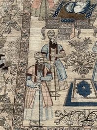 Tapis oriental de type Kerman (Kirman) &agrave; d&eacute;cor de sc&egrave;ne de cour avec Nader Shah Afshar et ses confidents, laine sur coton, vers 1900