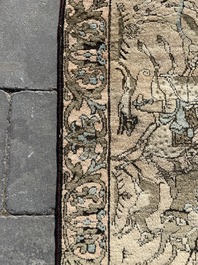 Tapis oriental de type Kerman (Kirman) &agrave; d&eacute;cor de sc&egrave;ne de cour avec Nader Shah Afshar et ses confidents, laine sur coton, vers 1900