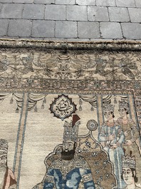 Tapis oriental de type Kerman (Kirman) &agrave; d&eacute;cor de sc&egrave;ne de cour avec Nader Shah Afshar et ses confidents, laine sur coton, vers 1900