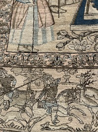 Tapis oriental de type Kerman (Kirman) &agrave; d&eacute;cor de sc&egrave;ne de cour avec Nader Shah Afshar et ses confidents, laine sur coton, vers 1900