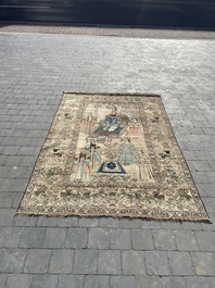 Tapis oriental de type Kerman (Kirman) &agrave; d&eacute;cor de sc&egrave;ne de cour avec Nader Shah Afshar et ses confidents, laine sur coton, vers 1900