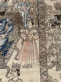 Tapis oriental de type Kerman (Kirman) &agrave; d&eacute;cor de sc&egrave;ne de cour avec Nader Shah Afshar et ses confidents, laine sur coton, vers 1900
