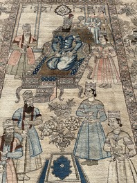 Tapis oriental de type Kerman (Kirman) &agrave; d&eacute;cor de sc&egrave;ne de cour avec Nader Shah Afshar et ses confidents, laine sur coton, vers 1900