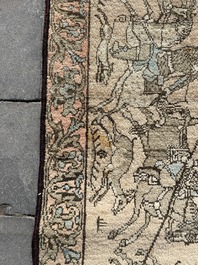 Tapis oriental de type Kerman (Kirman) &agrave; d&eacute;cor de sc&egrave;ne de cour avec Nader Shah Afshar et ses confidents, laine sur coton, vers 1900