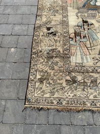 Tapis oriental de type Kerman (Kirman) &agrave; d&eacute;cor de sc&egrave;ne de cour avec Nader Shah Afshar et ses confidents, laine sur coton, vers 1900