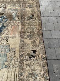Tapis oriental de type Kerman (Kirman) &agrave; d&eacute;cor de sc&egrave;ne de cour avec Nader Shah Afshar et ses confidents, laine sur coton, vers 1900