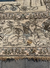 Tapis oriental de type Kerman (Kirman) &agrave; d&eacute;cor de sc&egrave;ne de cour avec Nader Shah Afshar et ses confidents, laine sur coton, vers 1900