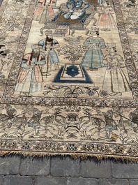 Tapis oriental de type Kerman (Kirman) &agrave; d&eacute;cor de sc&egrave;ne de cour avec Nader Shah Afshar et ses confidents, laine sur coton, vers 1900