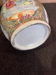 Trois paires de vases en porcelaine de Chine famille rose de Canton &agrave; d&eacute;cor floral et de sc&egrave;nes de palais, 19&egrave;me si&egrave;cle