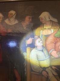 Flemish school: The cutting of the stone, oil on panel, early 17th C.