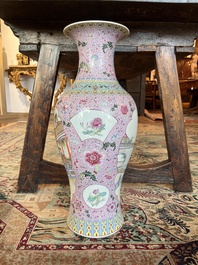 A Chinese famille rose baluster vase with female Immortals and floral design, Qianlong mark, 20th C.