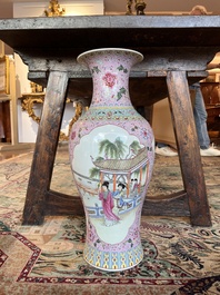 A Chinese famille rose baluster vase with female Immortals and floral design, Qianlong mark, 20th C.