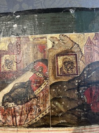 Ic&ocirc;ne orthodoxe impressionnante, 'Notre-Dame de Kazan avec des miracles', Russie, Kostroma, troisi&egrave;me quart du 18&egrave;me si&egrave;cle