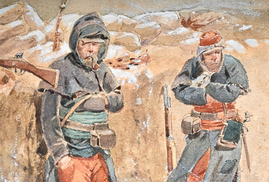 Louis Geens (1835-1906): Soldaten in een loopgraaf in wintertijd, aquarel op papier, gedateerd (18)99