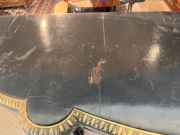 A French Historicism gilt bronze mounted tortoiseshell and brass marquetry ebonised wooden Boulle three-door credenza, 19th C.