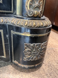 A French Historicism gilt bronze mounted tortoiseshell and brass marquetry ebonised wooden Boulle three-door credenza, 19th C.