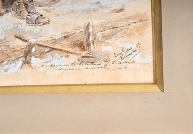 Louis Geens (1835-1906): Soldaten in een loopgraaf in wintertijd, aquarel op papier, gedateerd (18)99