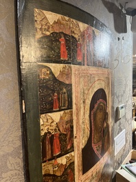 Ic&ocirc;ne orthodoxe impressionnante, 'Notre-Dame de Kazan avec des miracles', Russie, Kostroma, troisi&egrave;me quart du 18&egrave;me si&egrave;cle