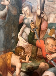 Ecole flamande: Soldats romains se battent pour un jeu de d&eacute;s devant le Christ en croix, huile sur panneau, 16&egrave;me si&egrave;cle