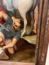 Ecole flamande: Soldats romains se battent pour un jeu de d&eacute;s devant le Christ en croix, huile sur panneau, 16&egrave;me si&egrave;cle