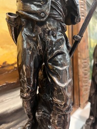 &Eacute;cole fran&ccedil;aise: Le r&eacute;mouleur, bronze argent&eacute; sur un imposant socle en marbre rouge, 19&egrave;me si&egrave;cle