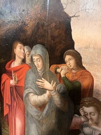 Ecole flamande: Soldats romains se battent pour un jeu de d&eacute;s devant le Christ en croix, huile sur panneau, 16&egrave;me si&egrave;cle