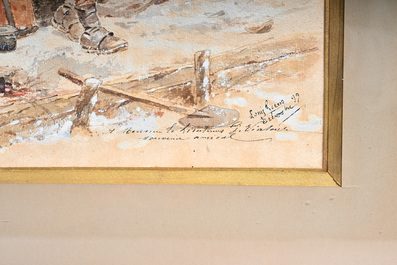 Louis Geens (1835-1906): Soldaten in een loopgraaf in wintertijd, aquarel op papier, gedateerd (18)99
