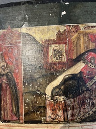 Ic&ocirc;ne orthodoxe impressionnante, 'Notre-Dame de Kazan avec des miracles', Russie, Kostroma, troisi&egrave;me quart du 18&egrave;me si&egrave;cle