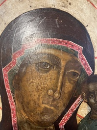 Ic&ocirc;ne orthodoxe impressionnante, 'Notre-Dame de Kazan avec des miracles', Russie, Kostroma, troisi&egrave;me quart du 18&egrave;me si&egrave;cle