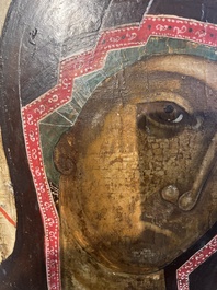 Ic&ocirc;ne orthodoxe impressionnante, 'Notre-Dame de Kazan avec des miracles', Russie, Kostroma, troisi&egrave;me quart du 18&egrave;me si&egrave;cle