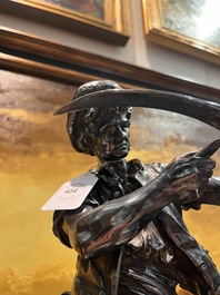 &Eacute;cole fran&ccedil;aise: Le r&eacute;mouleur, bronze argent&eacute; sur un imposant socle en marbre rouge, 19&egrave;me si&egrave;cle