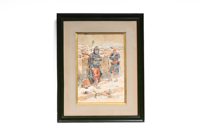 Louis Geens (1835-1906): Soldaten in een loopgraaf in wintertijd, aquarel op papier, gedateerd (18)99