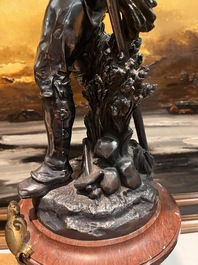 &Eacute;cole fran&ccedil;aise: Le r&eacute;mouleur, bronze argent&eacute; sur un imposant socle en marbre rouge, 19&egrave;me si&egrave;cle