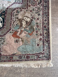 Tapis oriental de type Tabriz &agrave; d&eacute;cor de sc&egrave;nes anim&eacute;es, laine sur coton, 20&egrave;me si&egrave;cle