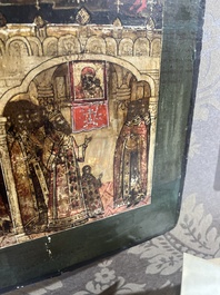 Ic&ocirc;ne orthodoxe impressionnante, 'Notre-Dame de Kazan avec des miracles', Russie, Kostroma, troisi&egrave;me quart du 18&egrave;me si&egrave;cle