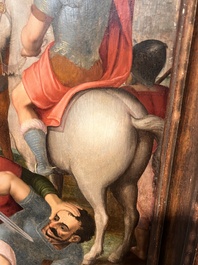 Ecole flamande: Soldats romains se battent pour un jeu de d&eacute;s devant le Christ en croix, huile sur panneau, 16&egrave;me si&egrave;cle