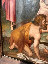 Ecole flamande: Soldats romains se battent pour un jeu de d&eacute;s devant le Christ en croix, huile sur panneau, 16&egrave;me si&egrave;cle