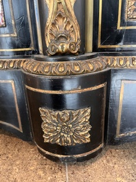 A French Historicism gilt bronze mounted tortoiseshell and brass marquetry ebonised wooden Boulle three-door credenza, 19th C.