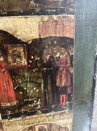 Ic&ocirc;ne orthodoxe impressionnante, 'Notre-Dame de Kazan avec des miracles', Russie, Kostroma, troisi&egrave;me quart du 18&egrave;me si&egrave;cle