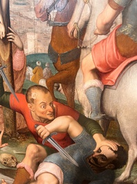 Ecole flamande: Soldats romains se battent pour un jeu de d&eacute;s devant le Christ en croix, huile sur panneau, 16&egrave;me si&egrave;cle