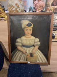 Engelbert Van Erps (1819-1874): Portrait d'une jeune fille avec une corbeille de fruits &agrave; la main, huile sur toile, dat&eacute; 1865