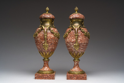 A pair of gilt bronze mounted red marble cassolettes, 19th/20th C.