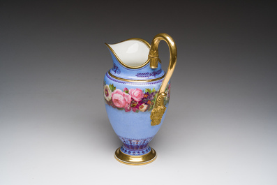 A Louis Philippe S&egrave;vres porcelain ewer with floral design on a blue ground, blue star mark, dated 1832