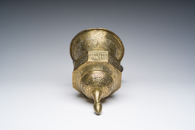 An engraved and reticulated brass Mamluk style hanging lantern, Egypt or Syria, 19th C.