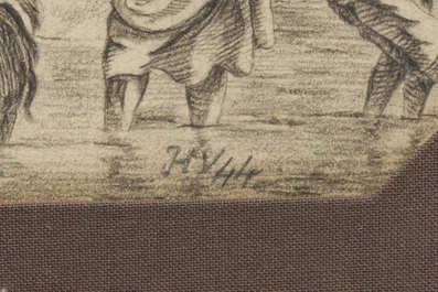Monogramm&eacute; H.V. (Horace Vernet, 1789-1863, attribu&eacute; &agrave;): Fermiers et b&eacute;tail dans un &eacute;tang, crayon sur papier, dat&eacute; (18)44
