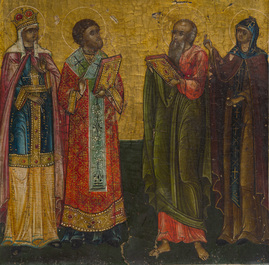 Two Russian orthodox icons, 'Extended De&euml;sis' and 'Four Saints', 18th/19th C.