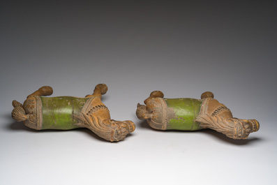 Two Indian partly polychromed wooden sculptures of horses, 20th C.