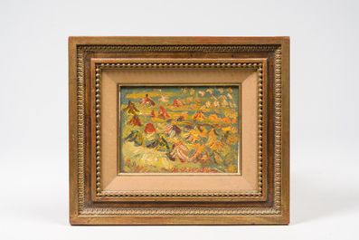 Henri Victor Wolvens (1896-1977): Landschap met hooimijten, olie op board
